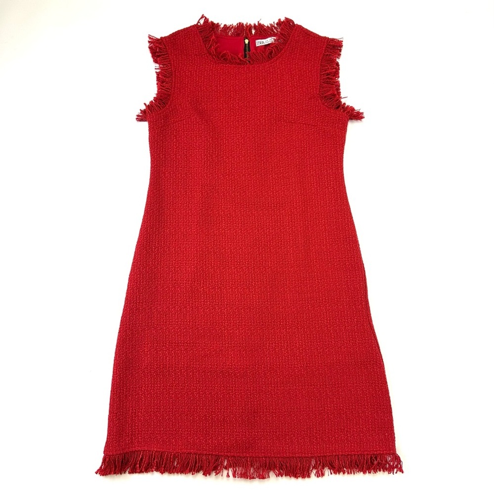 Zara red tweed dress Small Fringe trim Bamboo Old Money Workwear
